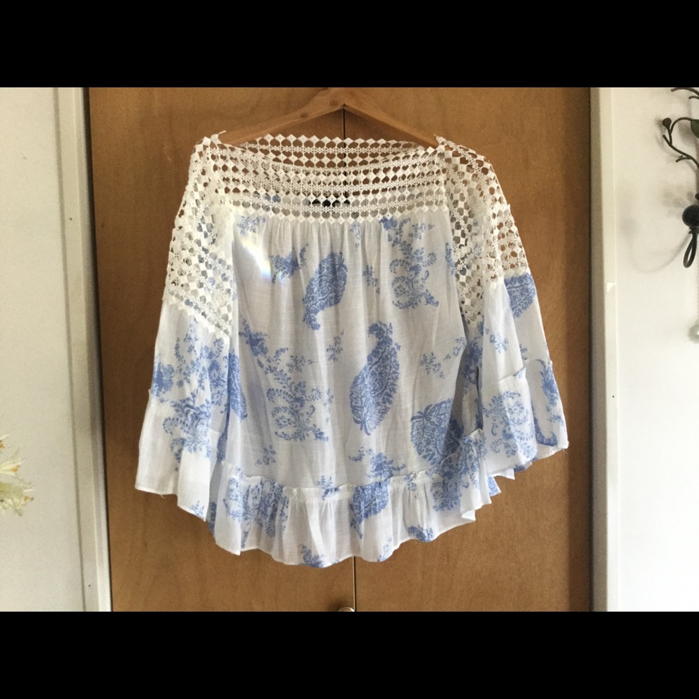 NEW! Zac & Rachel Blouse PXL Blue & White Crochet